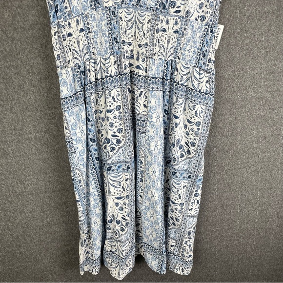 NWT Cottagecore Blue White Floral Midi Dress V Neck Cotton Boho Block Print XL - Picture 5 of 11